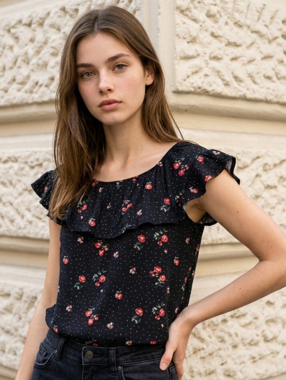 LuLaRoe Stasha Rose Floral Polka Dot Ruffle Flutter Sleeve Top Black XS Knit Tee